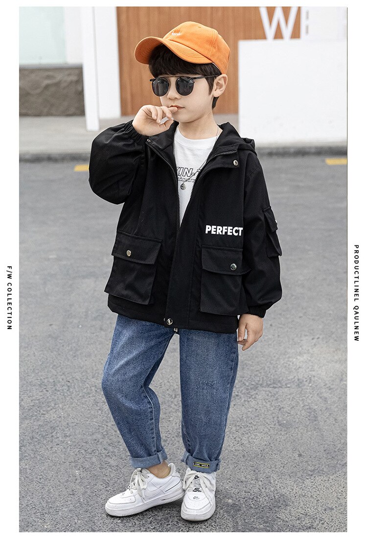 Children Outerwear Teenager Trench Coats Boys Coats and Jackets Letter Printed Boys' Hooded Windproof Kids Jacket Windbreaker: Black / 110cm
