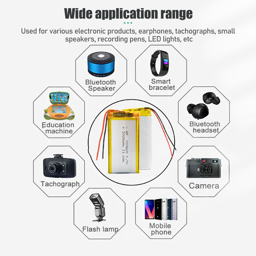 3000mAh Recargable 3.7V 103665 Batería de polímero de litio Gps para grabadora de conducción con luz LED, cámara PSP, Altavoz Bluetooth