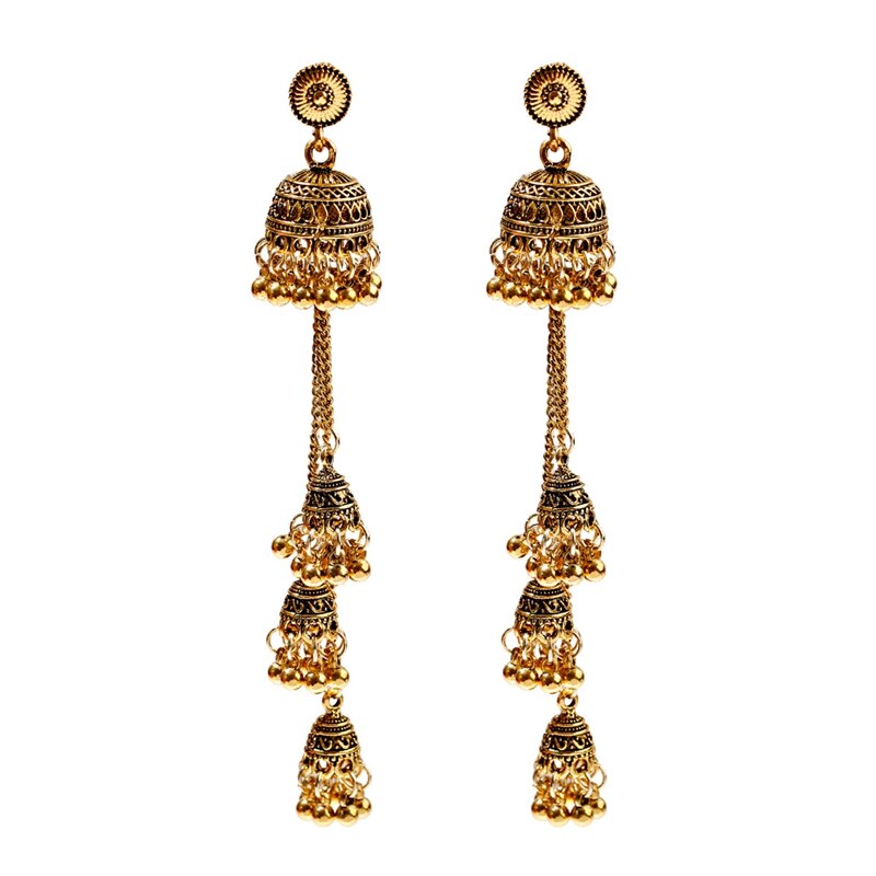 Retro Bollywood Oxidized Women Jhumka Indian Earrings Femmes Ethnic Gold Silver Color Afghan Bell Long Tassel Earrings: Gold