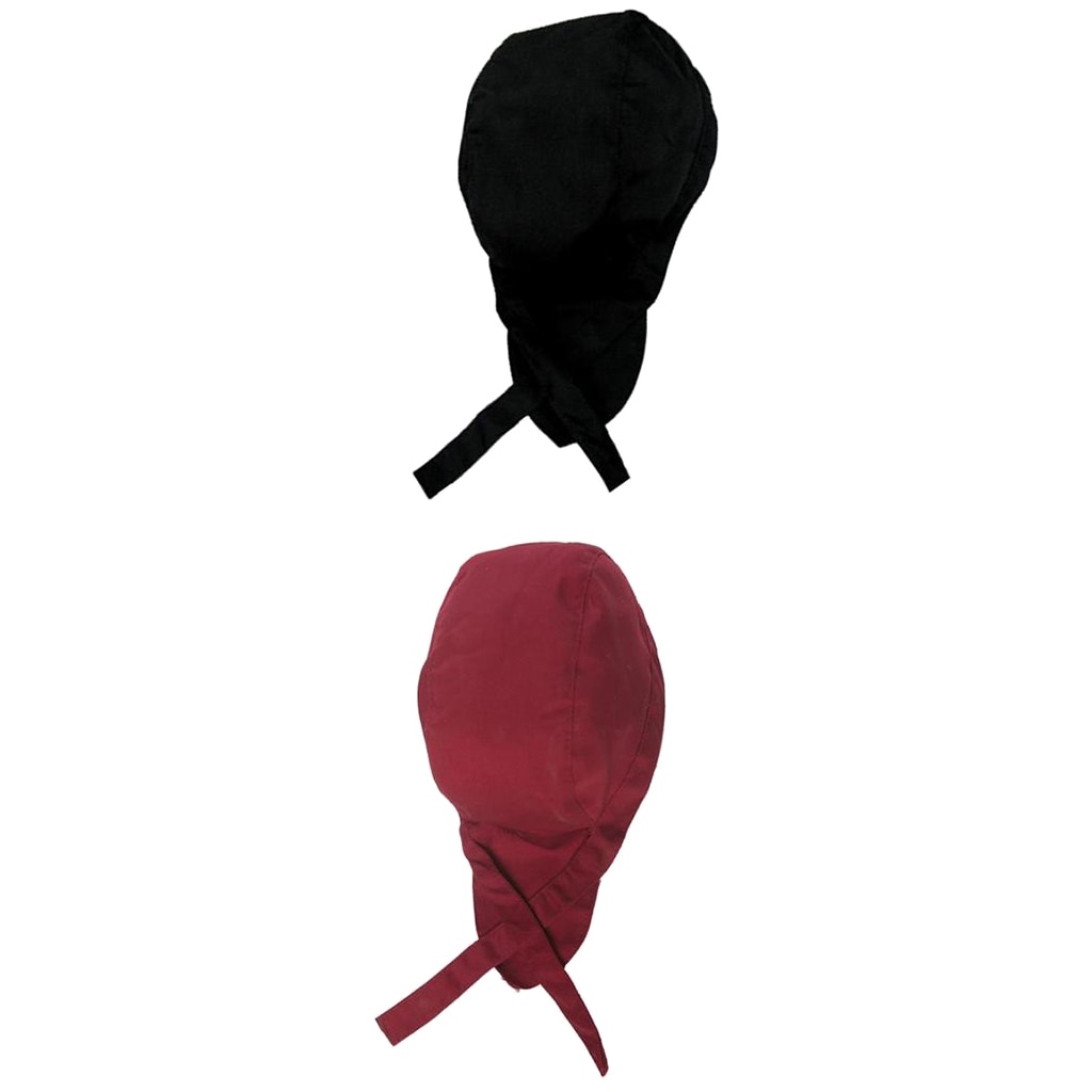 2 Pieces Unisex Kitchen Catering Chef Skull Cap Tie Back Pirate Hat Headwrap Bandana Hats, Wearable - Black Red