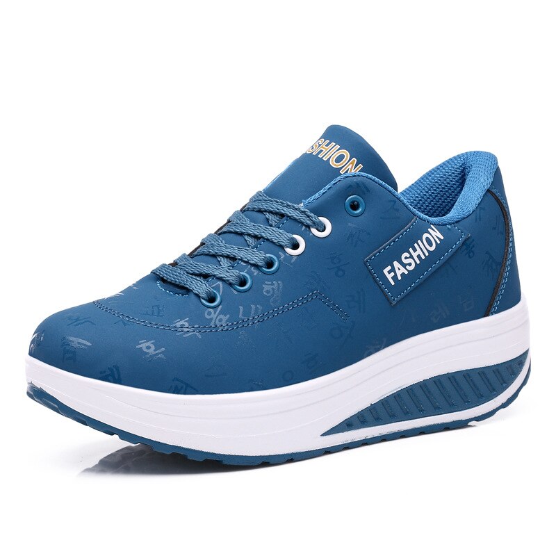 PU Lacing Women Toning Shoes 5.5CM Thick Soles Height Increased Breathable Wedges Swing Sneakers Autumn Slmming Shoes: Blue / 9