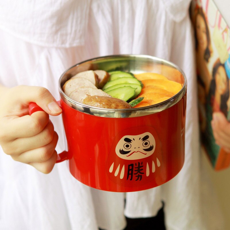 Set de cuencos para sopa de dibujos animados tazón de acero inoxidable cuenco para Fideos instantáneos con tapa con mango contenedor de alimentos tazón de arroz almuerzo maruchan tazón: Rojo