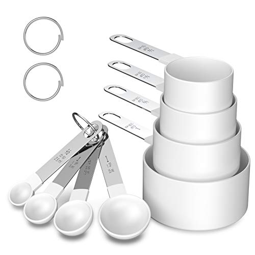 8 Pieces Plastic Measuring Cups and Spoons Set, Measure Cups with Stainless Steel Handle for Dry or Liquid Ingredient: White Full Set (8pc)