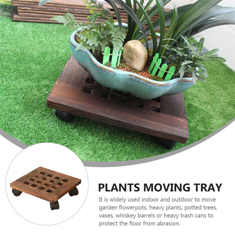 1pc Wooden Plant Pallet Caddy With Wheels Square Flower Pot Holder Mover Base With Roller Brake Universal Pulley Flower Pot Tray