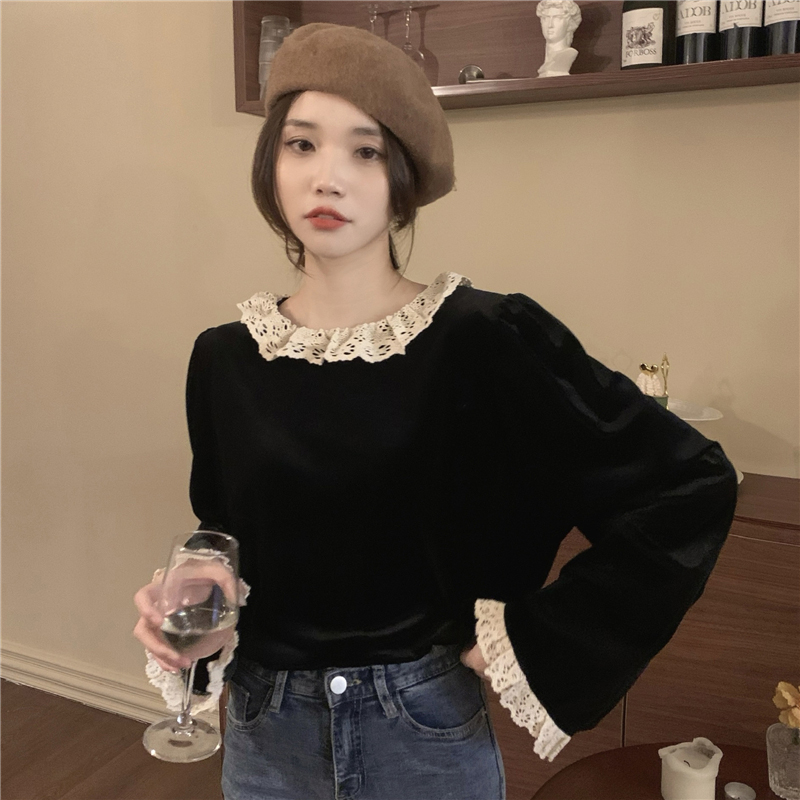 Mexzt vintage sammetsskjortor kvinnor spetsblusar kontorsdam koreanska söta volanger långärmade casual toppar