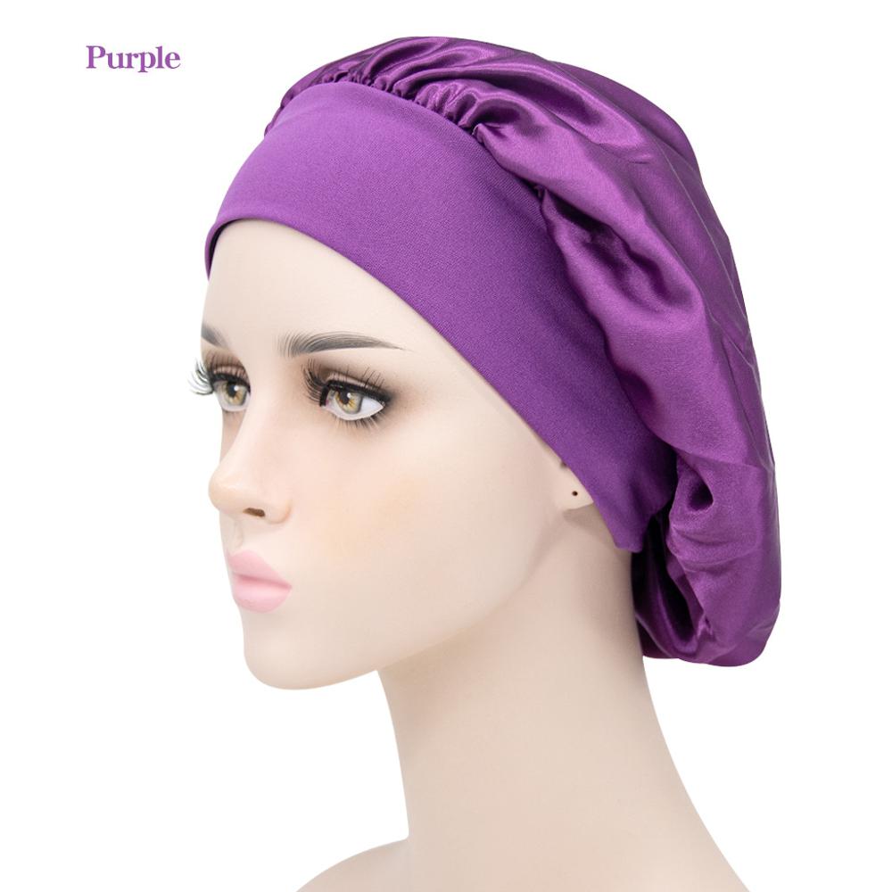 Gorro de descanso de ala ancha de satén para mujer, gorro de dormir para el cuidado del cabello, gorro de noche, Unisex, gorro de ducha, envoltura de cabeza de seda: purple