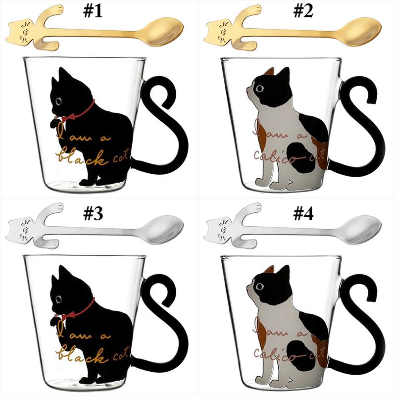 1pc Cute Cat Milk Coffee Mug Water Glass Mug Cup Tea Cup Cartoon Cat Pattern Home Office Cup For Fruit Juice With Spoon