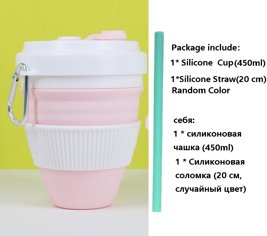 450Ml Siliconen Inklapbare Cup Handig Reizen Koffie Mok Draagbare Herbruikbare Sport Fles Met Deksels Uitbreidbaar Drinkbeker: WhitePink