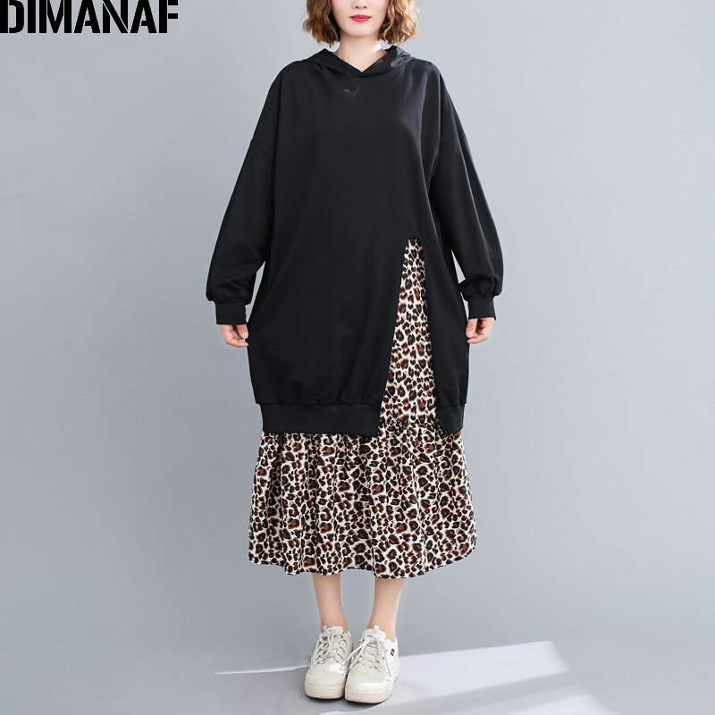 Dimanaf plus size dame kjole print leopard efterår bomuld hætte dame vestidos kvinde tøj afslappet løs langærmet kjole