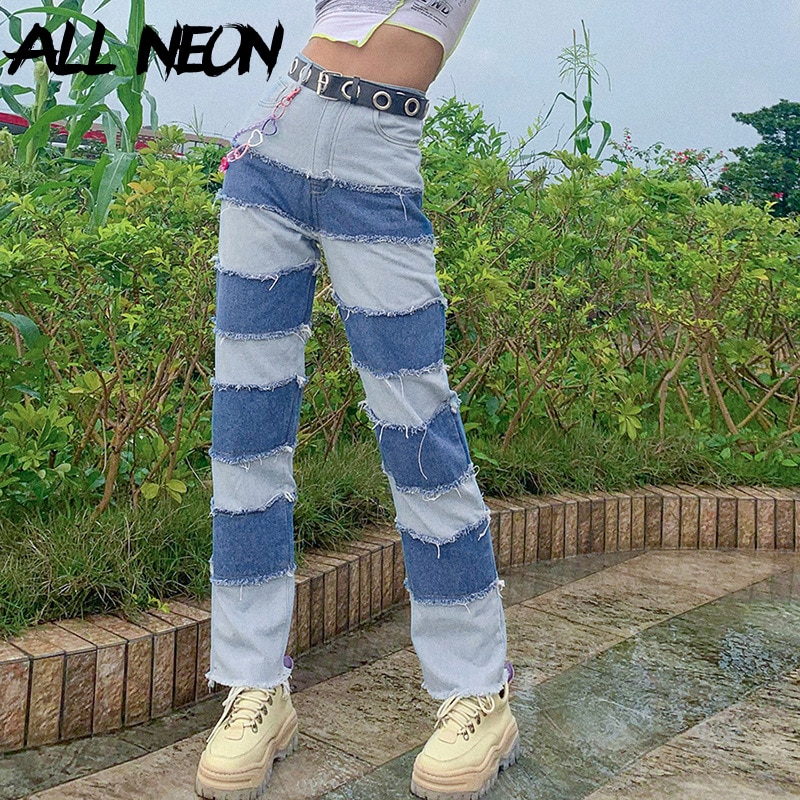 ALLNeon Y2K e-girl parches coser Stitch Jeans para mujeres Hip Hop cintura alta Denim suelta pantalones largos conjunto Streetwear