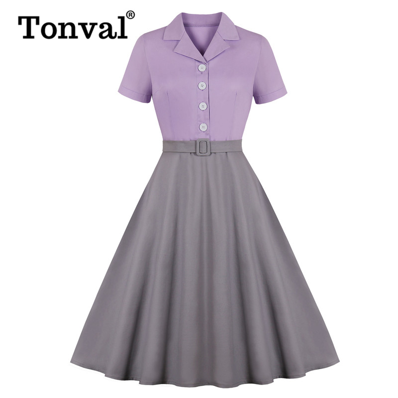 Tonval Marine Blau und Gelb Zwei Tonne-Geschmack hoch Baumwolle Elegante Kleid Frauen angeschnallt Rockabilly Jahrgang Plus Größe Midi- Kleider