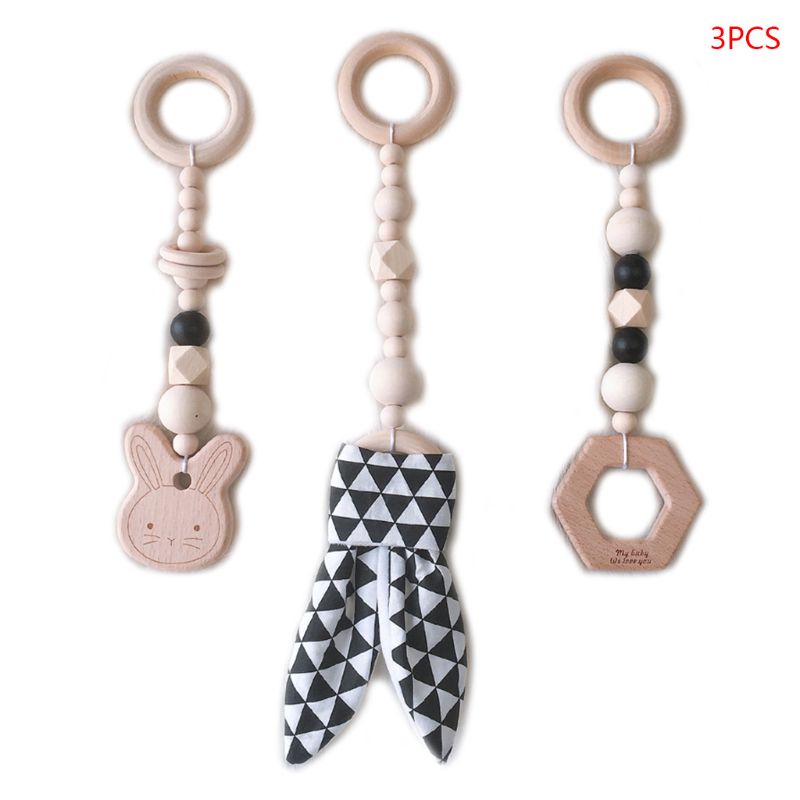 3 Teile/satz nordisch Karikatur Baby Holz Kaninchen Ohr Spielzeug Anhänger Fitnessstudio Fitness Gestell Ornament Kleinkind Kleinkind Zimmer Dekorationen: Schwarz