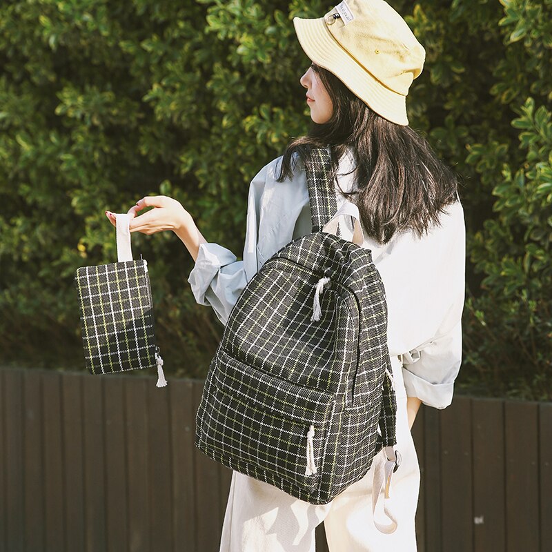 Conjunto de 2 Mochilas de lona con estampado A cuadros para mujer, bandoleras de lona para adolescentes, Mochilas escolares para chicas