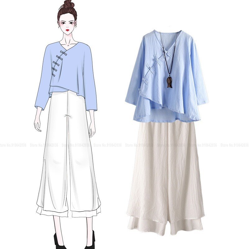 Women Chinese Traditional Retro Style Qipao Tops Pants Wide Leg Trousers Zen Tea Vintage Cheongsam T-shirt Tang Suit Hanfu Set