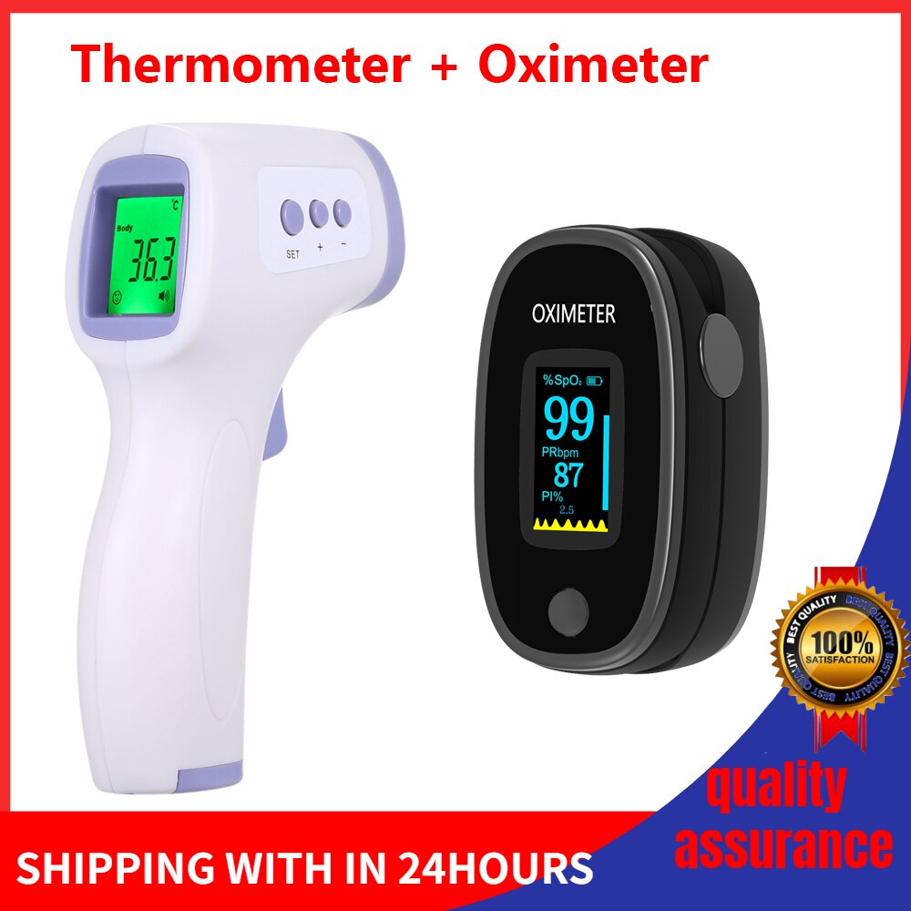 Finger Pulse Oximeter Blood Oxygen Saturation meter Fingertip Pulsoximeter SPO2 Monitor Oximetro dedo Oximeter + IR Thermometer