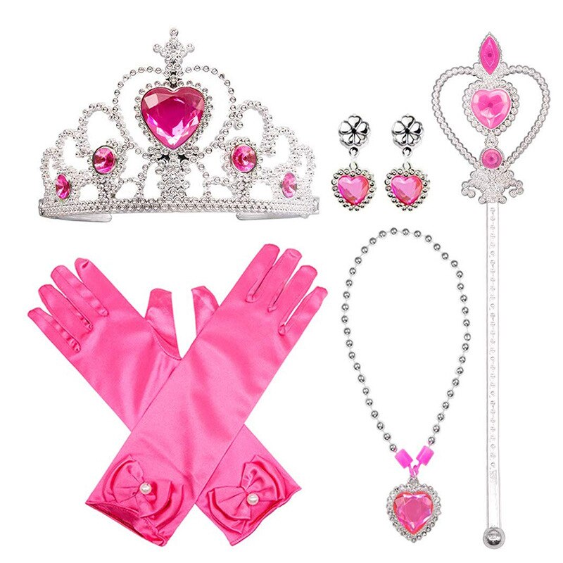 6 7 stk/parti prinsesse elza dress up accessories piger cosplay legetøj krone halskæde ring ørering stav handsker børn smykkesæt: 6 stk lyserød