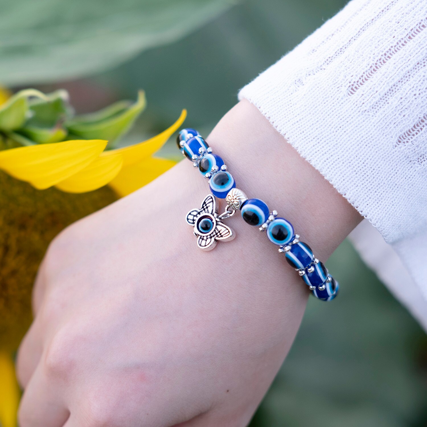 Niebieska bransoletka Evil Eye dla kobiet mężczyzn turecka dłoń wisiorek oczy koraliki Handmade szczęśliwa bransoletka elastyczna regulacja Charm bransoletka: Butterfly