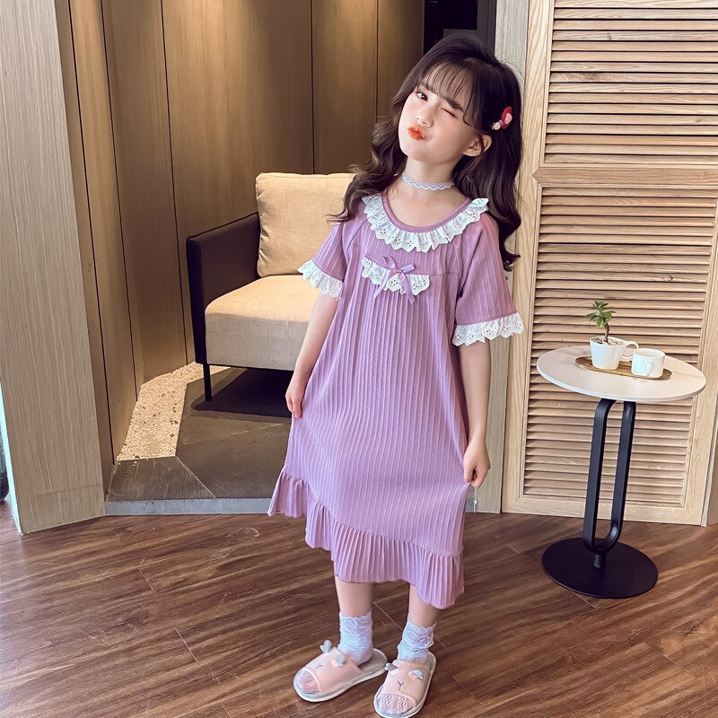 Camisón de algodón suave con lazo para niñas y niños, ropa de dormir para el hogar, albornoz de noche, Verano