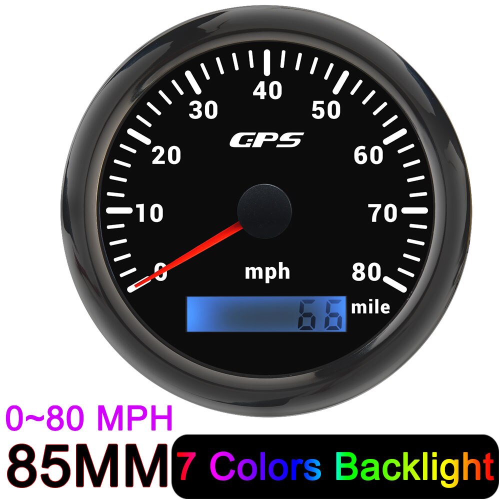 HD 85mm GPS Speedometer 30 60 80 120 160 200 MPH Waterproof Speed Gauge for Mairne Yacht Boat Car Truck 7 Colors Backlight 9-32V: 80MPH Black
