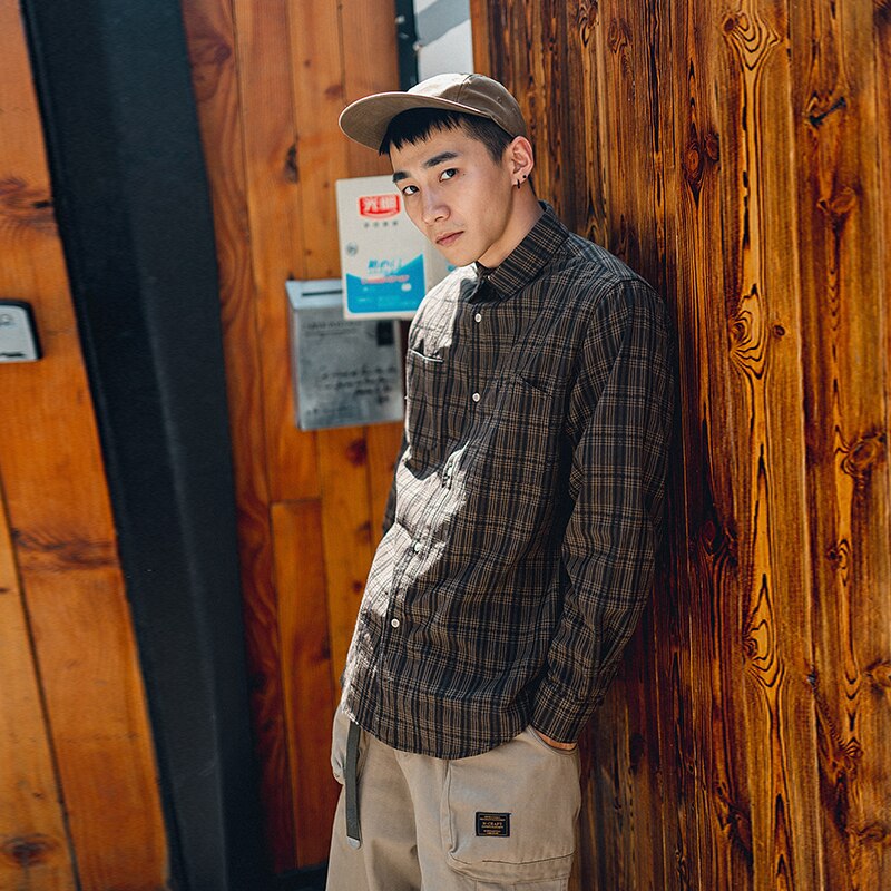 Japanse katoenen heren geruite overhemden met lange mouwen, retro trend, geruite overhemden, heren overhemd met zak, herfst, heren casual overhemden, 50