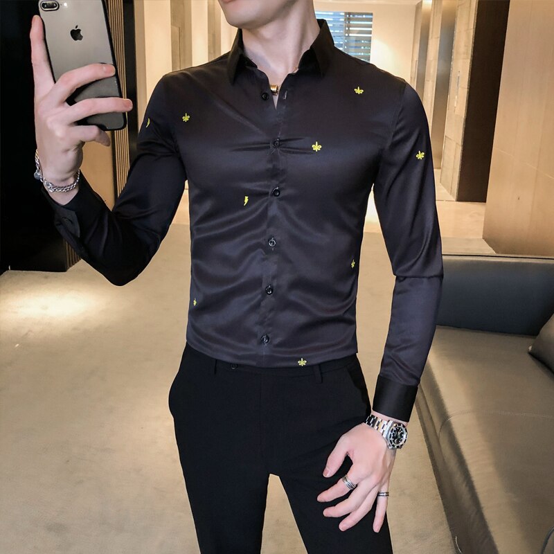 Krone broderi mænd skjorter lange ærmer business formel dress skjorter afslappet slim fit skjorte streetwear camisas para hombre
