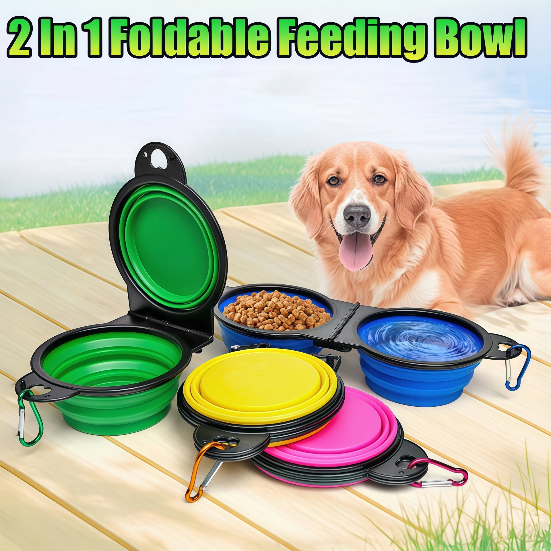 Cuenco de viaje plegable 2 en 1 para perros, cuencos dobles, cuenco plegable para comida y agua, alimentador portátil colgante para perros, producto para perros al aire libre
