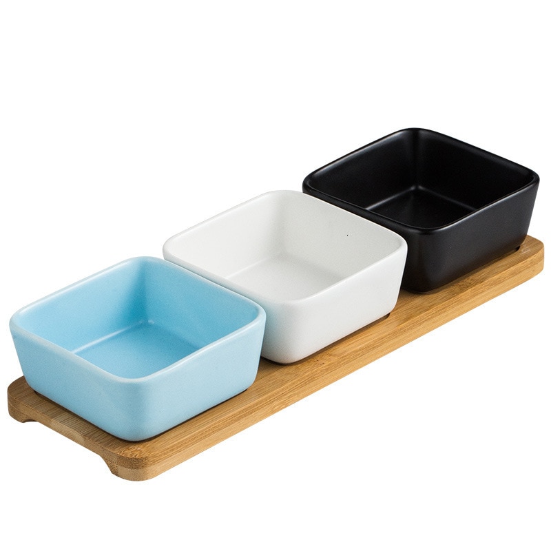 Firkantet keramik frugtfad keramisk fad salat tallerken porcelæn snacks slik nøddesesserter øko naturlig serverings bambus bakke sæt