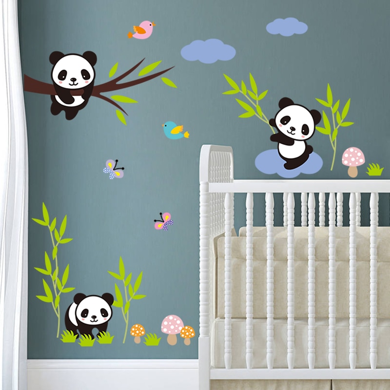 Leuke Panda Boom Bamboe Vogels Witte Wolken Muurstickers Voor Kinderen Kamers Nursery Room Decor Diy Art Decals Pvc Muur sticker