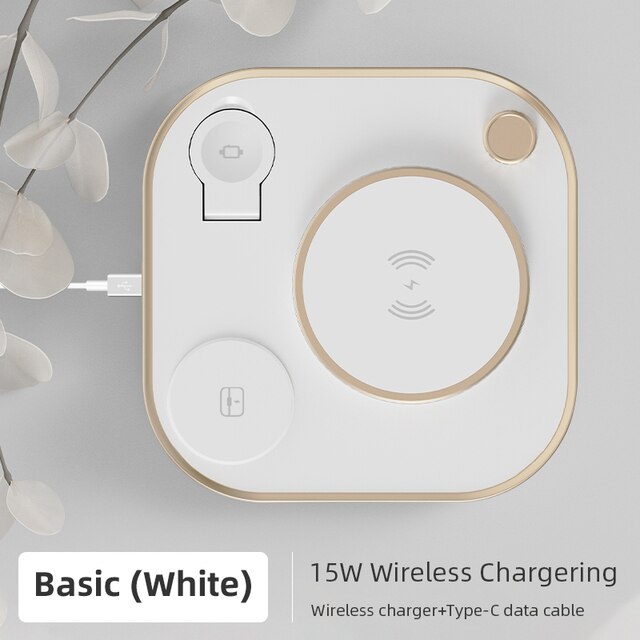 15w Fast 3 In 1 Wireless Charging for IPhone Phone Watch Earphone Modern Led Office Desk Lamp Wireless Charger Lamp: White-Basic