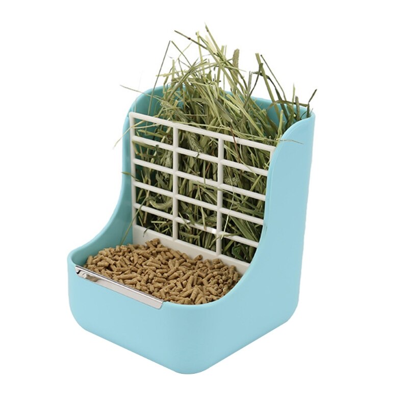 Alimentador de heno 2 en 1 para conejillo de indias, comedero de comida para Conejo, cuencos de alimentación, estante de pesebre para animales pequeños, accesorios de jaula: Blue