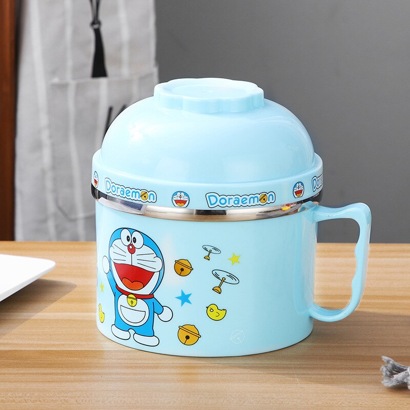 Cartoon Noodle Bowl Instant Stainless Steel Bowls with Lid with Handle Food Container Rice Vessel Lunch Box Home Accessory: Sky Blue