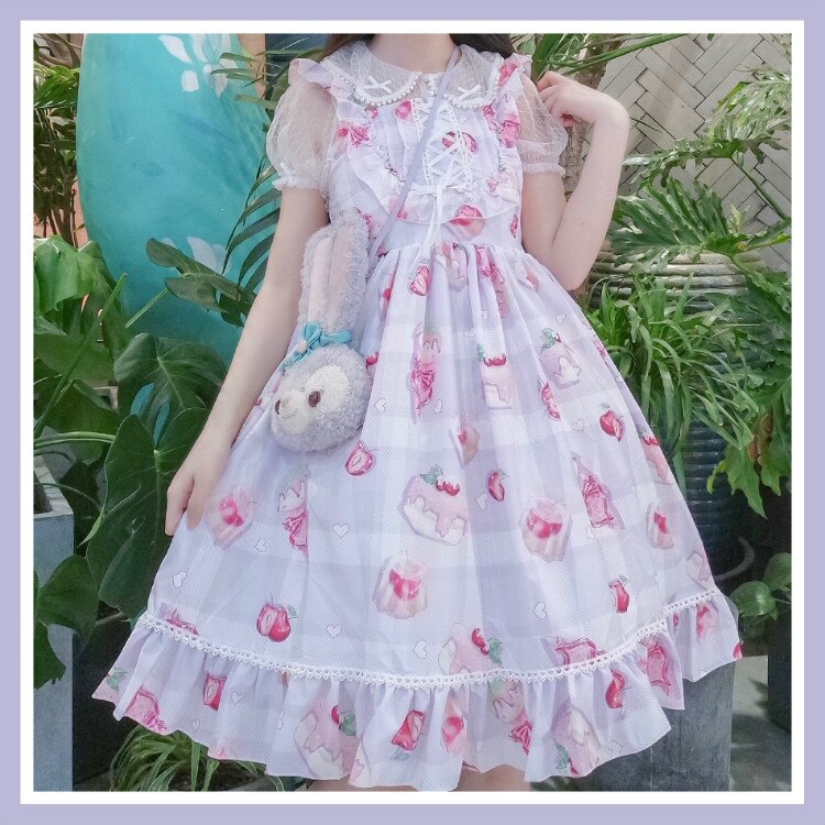 Vestido Kawaii de estilo japonés Jsk Lolita, dulce cereza, postre, lolita, vestido de diario sin mangas, vestido suave para niña: Púrpura