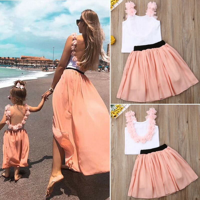 Baby sommer tøj mor & datter afslappet rygløs 3d blomster patch t-shirt nederdel tyl kjole matchende tøj sæt