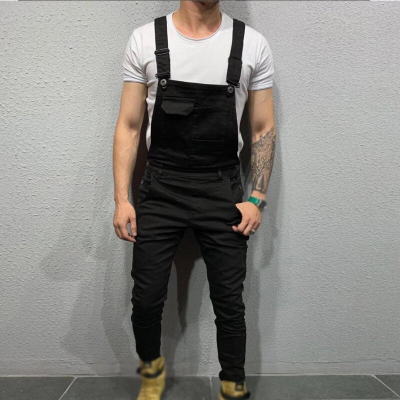 Hommes Denim Jeans salopette salopette combinaison Slim Fit bavoir pantalon décontracté coréen vêtements combinaison hommes: Black / M