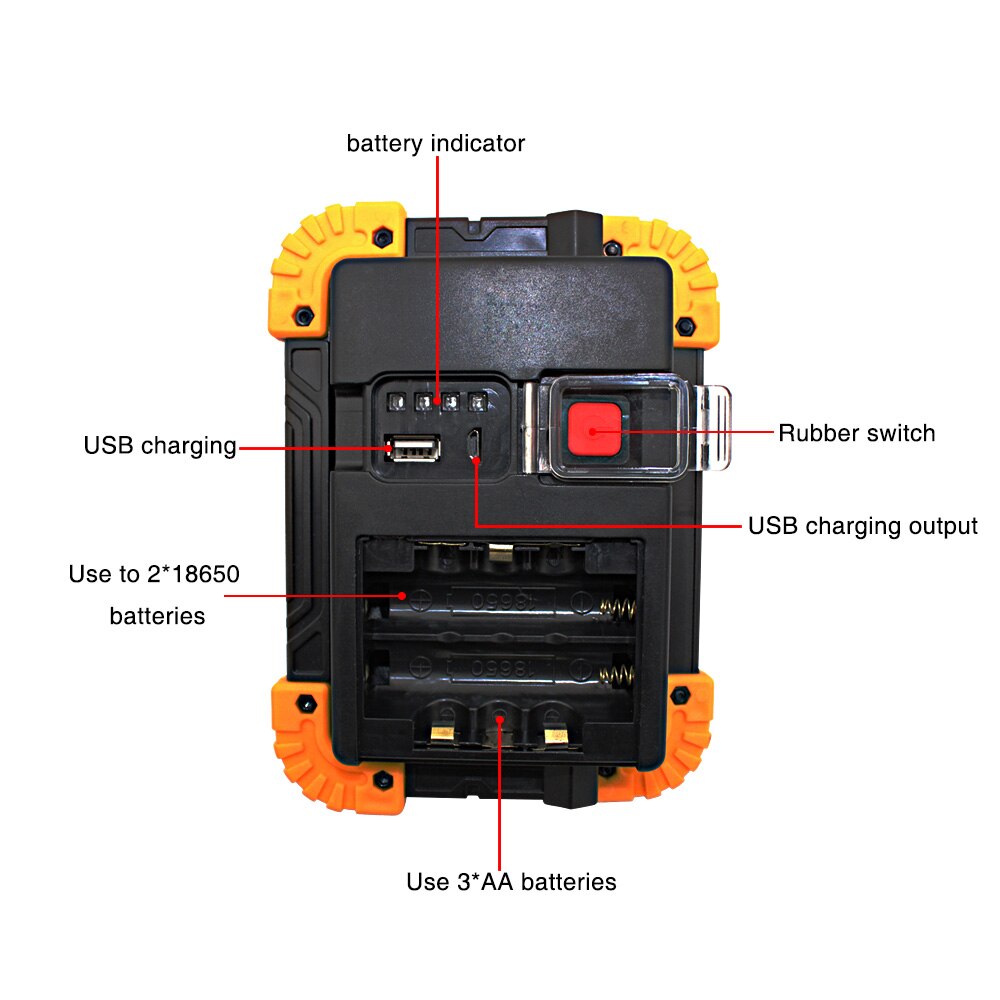Lanterna led cob recarregável, lanterna de trabalho de acampamento 18650 w holofote grande de alto brilho, lâmpada de luz externa usb