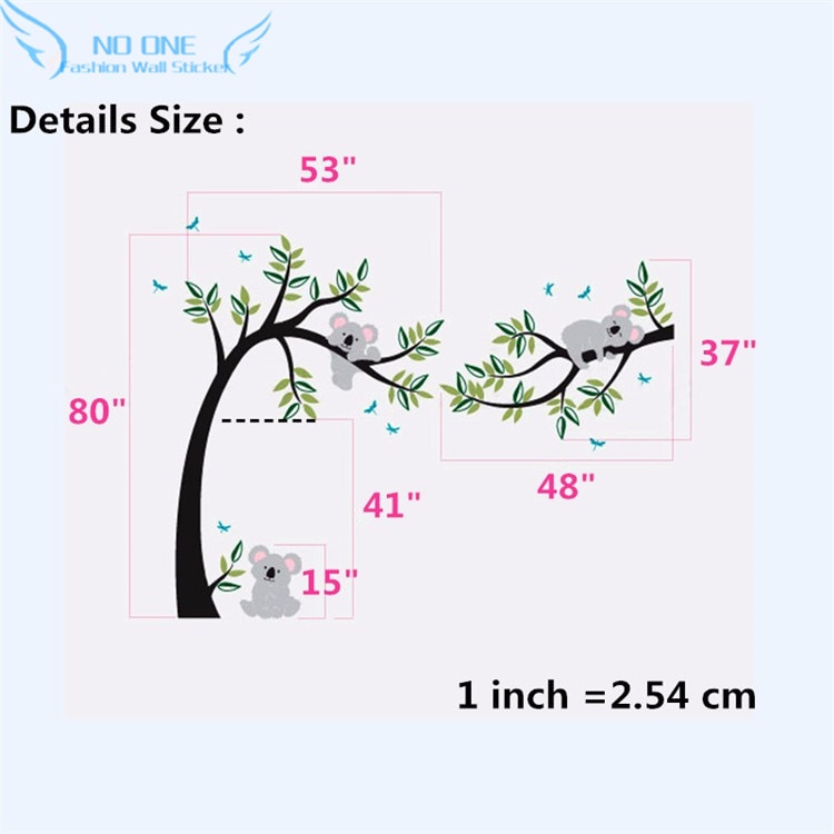 Koala y rama pegatina de pared Koala vinilo decorativo de pared de árbol con libélulas Koala oso pegatina de pared para bebé guardería, niños, habitación de los niños