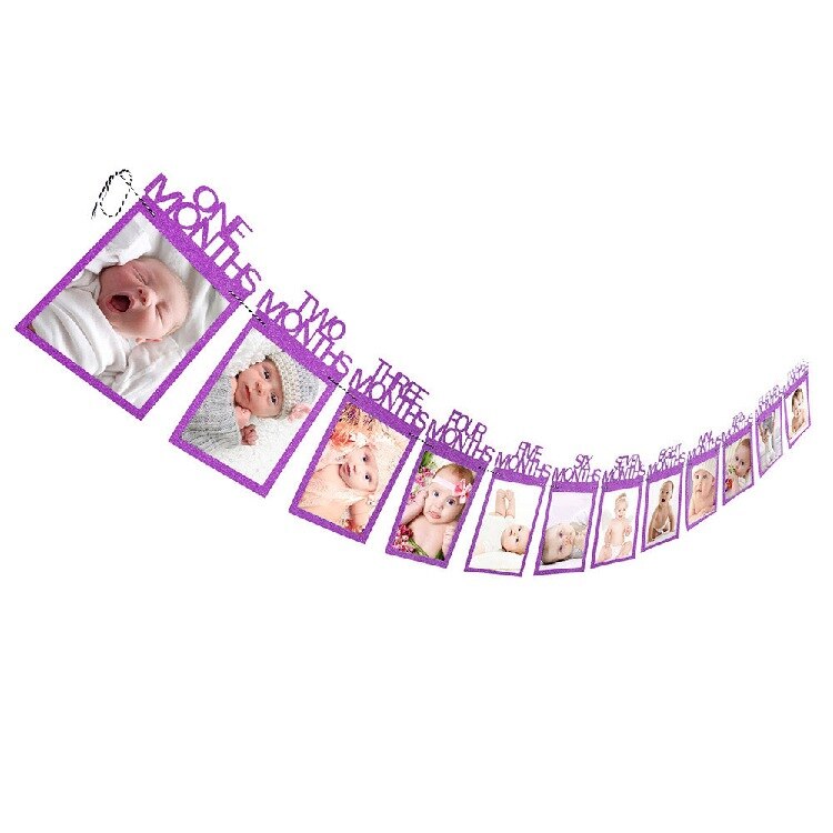12 månader fotoram banner baby 1st grattis på födelsedagen dekorationer baby shower 1st baby pojke flicka mitt första år festtillbehör: Lila månader