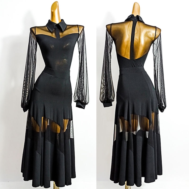 Ballroom Dress Black Sexy Perspective Mesh Standard Dance Dresses Waltz Stage Wear Flamenco Festival Clothing Rave Outfit DN5933