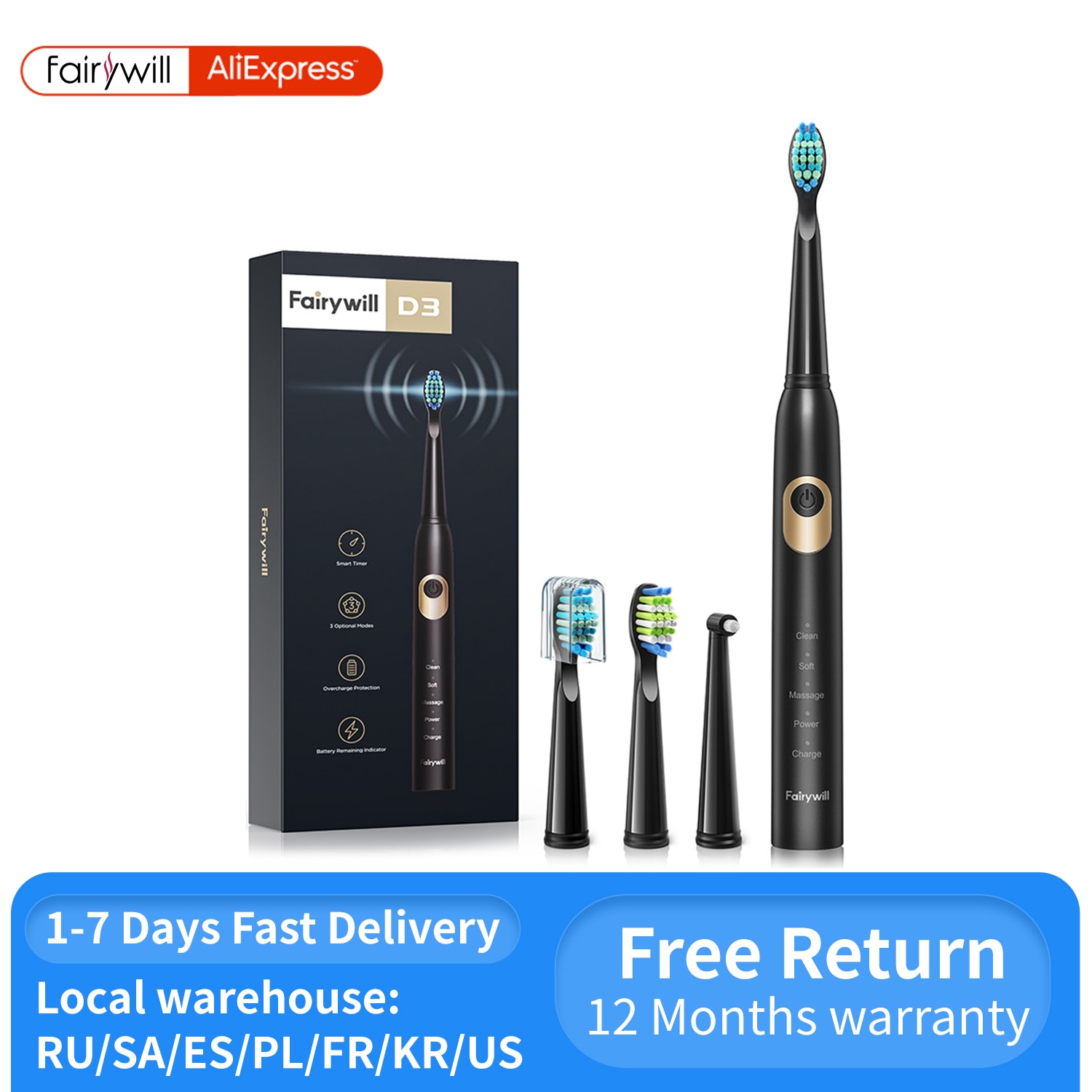 Fairywill Elektrische Zahnbürste Schall- D3 USB Ladung Zahnbürsten Wasserdicht 3 BrushHeads 1 Interdentalbürste Niedrigen Batterie Anzeige