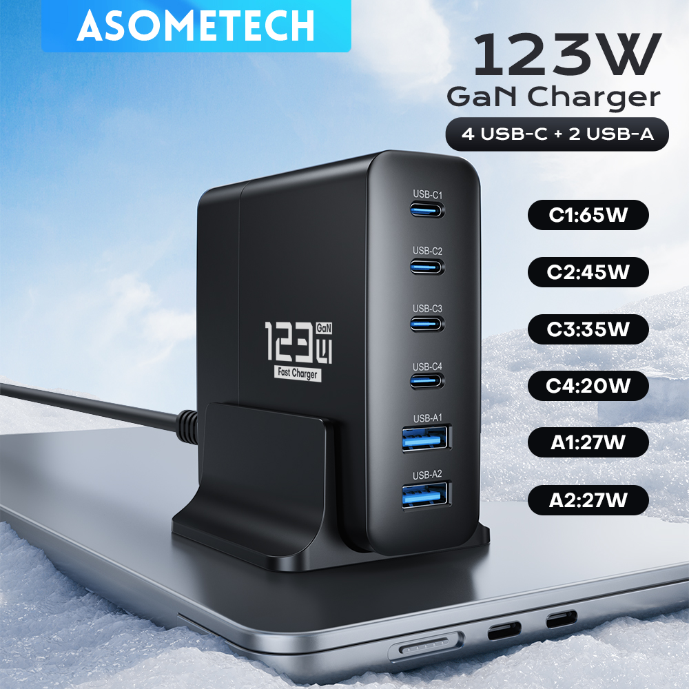 123W 6-poorts GaN-oplader PD snellader voor PD3.0 USB C 65W USB A 27W universeel voor iPhone Samsung telefoons tablets