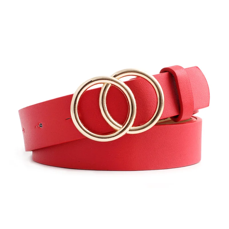 Big Double Ring Circle Metal Buckle Belt Women Wild Waistband Ladies Wide Leather Straps Belts for Leisure Dress Jeans: Red