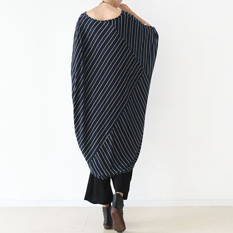 Johnature Women Bat Sleeve Dress Striped Autumn Casual Plus Size Women Clothes O-Neck Loose Robes Knitted Dresses