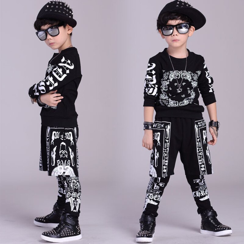 Hip Hop Costumes Boys Printed Long Sleeve Top Pants Street Dance Clothes Children Modern Stage Outfit Show Wear DNV12564
