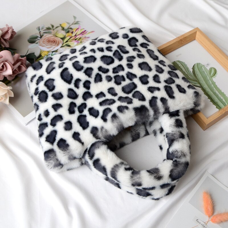 Leopardo impressão de pelúcia bolsa feminina na moda macio bolsa de ombro inverno quente correntes crossbody saco moda fofo menina bolsa de compras: white leopard