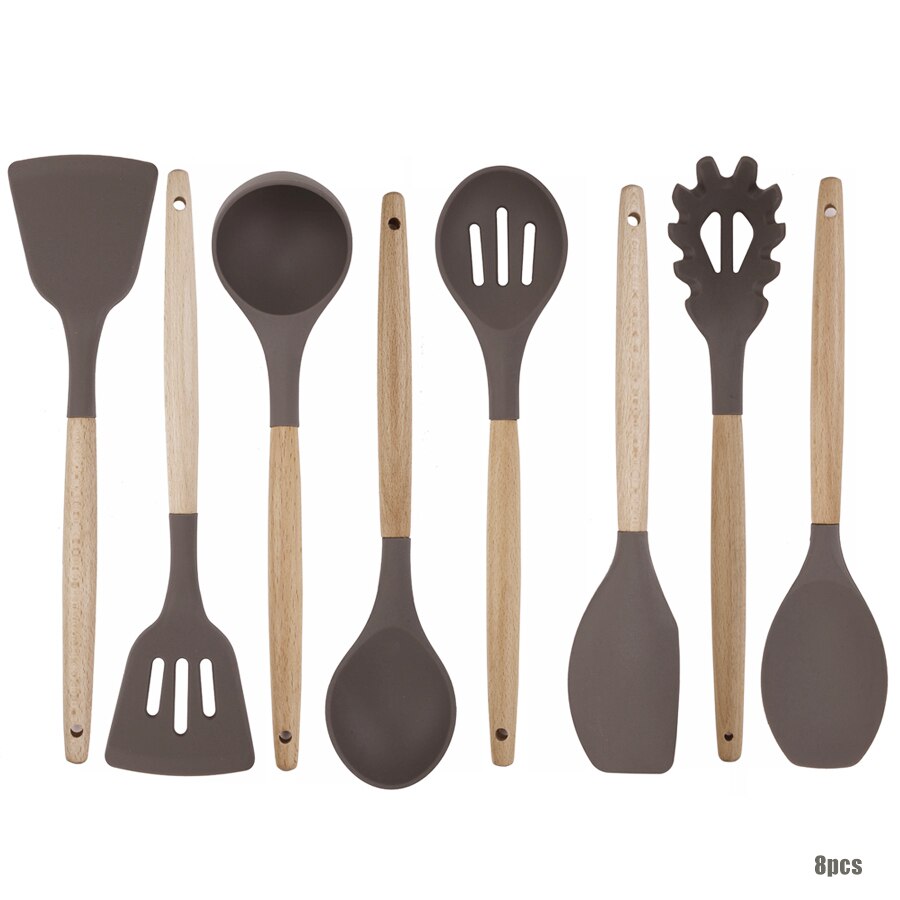 Juego de cocina de silicona antiadherente, resistente al calor, fácil de limpiar, de madera maciza, mango de madera de haya, juego de espátulas: Champagne Grey-8pcs