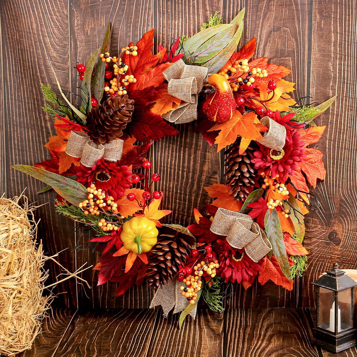 Yannew Fall Wreaths for Front Door Outside Autumn Pinecone Pumpkin Wreath with Maple Leaves Home Patio Thanksgiving Decoration