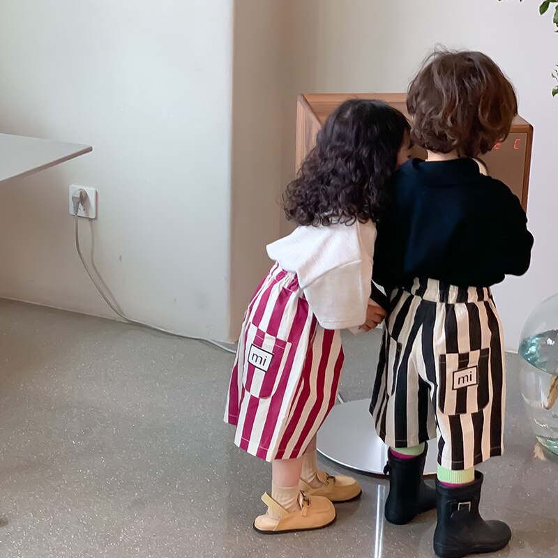 2117B 2022 Summer Girls Boys pantaloni a righe lunghezza media tasca grande bambino coreano pantaloni per bambini gamba larga allentata