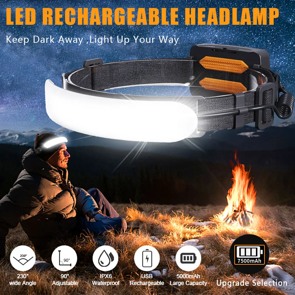 7500 mah genopladelig led-pandelampe med 230 ° stråle og , 3 tilstande, ipx 6 vandtæt hovedlommelygte til camping, fiskeri, hård hjelmarbejde