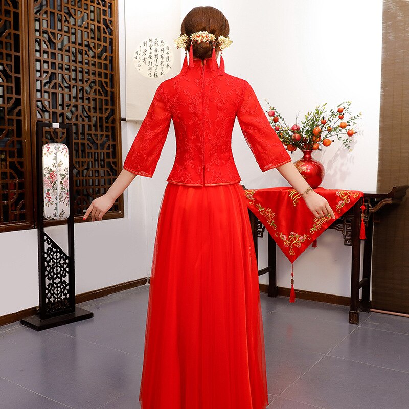 Rode kanten chinese bruid trouwjurk oude vrouwen cheongsam pak grote maat vintage qipao vestidos xs -3xl
