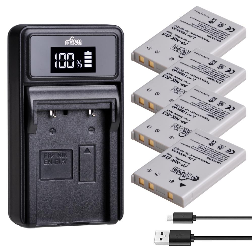 Batería EN-EL5 EL5 ENEL5 para cámara, Cargador USB LED para Nikon Coolpix P530, P520, P510, P100, P500, P5000, P5100, P6000, 3700, 4200: 4 battery 1 charger